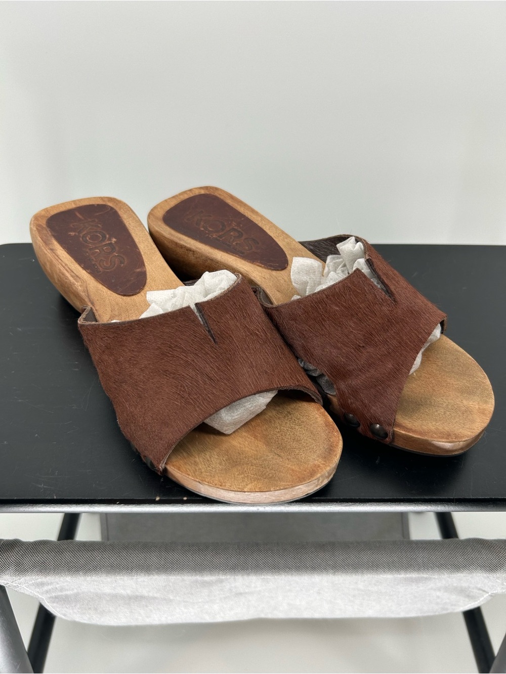 Michael Kors Brown Haircalf Slide Wedge Sandals